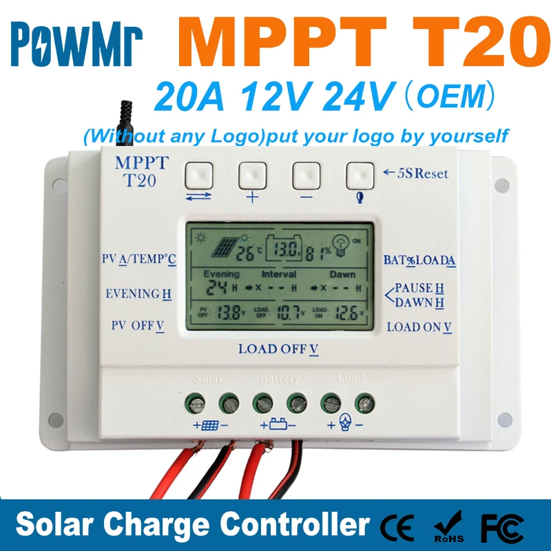 OEM ЖК дисплей 20A MPPT 12В/24В солнечная панель регулятор заряда батареи контроллер без