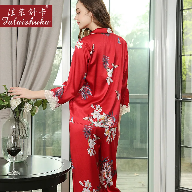 New Flowers butterfly 100% genuine silk pajamas sets women sleepwear Korean Elegant fashion pure silk womens pyjamas T8248