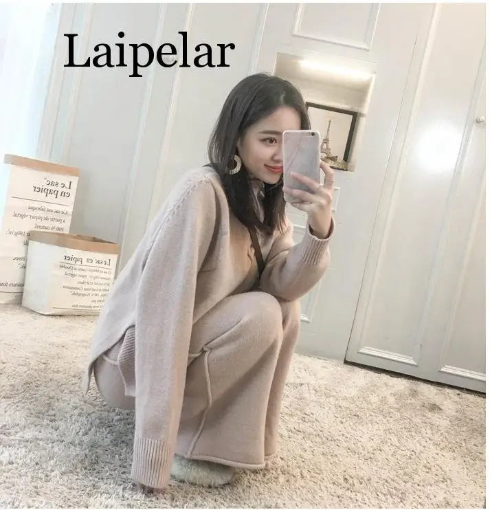 

Laipelar Knitting Female Sweater Pantsuit For Women Two Piece Set Knitted Pullover V-neck Long SleeveTop Wide Leg Pants Suit
