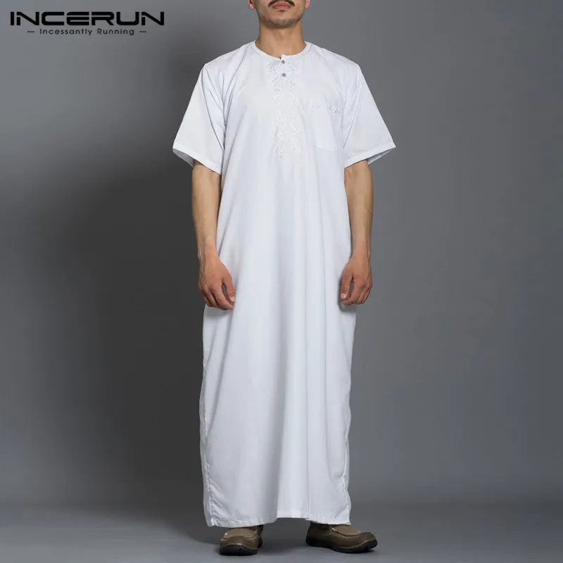 

Men Muslim Islamic Kaftan Saudi Arabia Solid Color O Neck Short Sleeve Fashion Jubba Thobe Dubai Middle East Robes INCERUN 2023