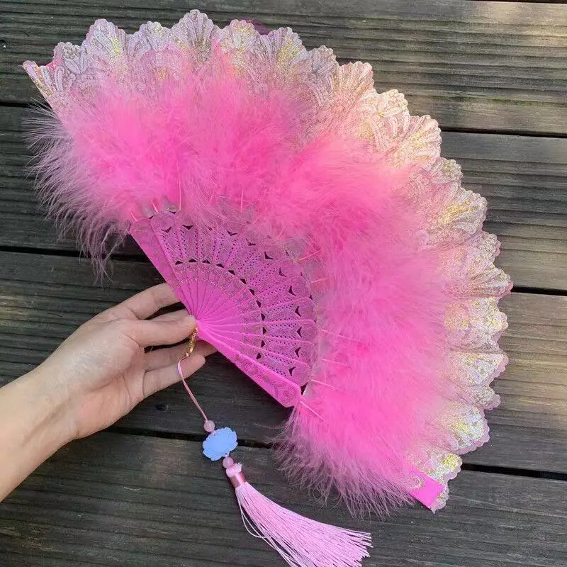 

Lolita Feather Folding Fan Japanese Sweet Fairy Girl Dark Gothic Court Dance Hand Fan with Pendant Gift Wedding Party Decoration