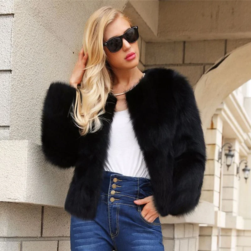 Зимнее искусственное меховое Женское пальто для отдыха черная короткая верхняя