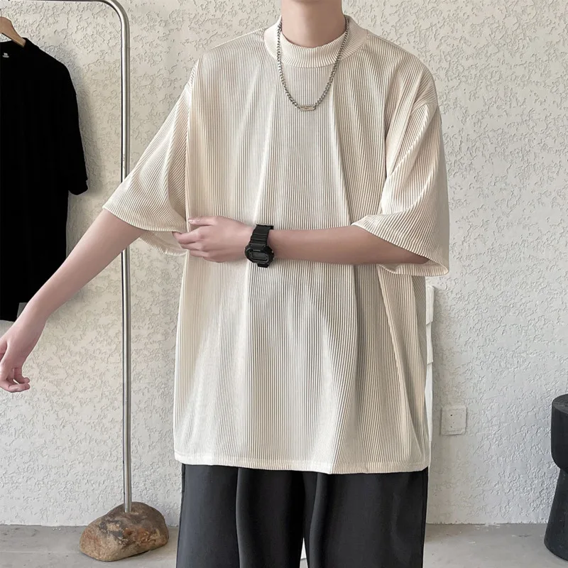 

Summer Pleated T Shirt Men's Fashion Solid Color Casual Short-sleeved T-shirt Men Streetwear Korean Loose Hip-hop Tshirt Mens