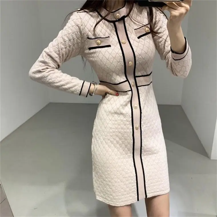 

Autumn Winter Knitted Full Sleeve Mini Dress Women Sheath Knitting Full Sleeve Patchwork Buttons Sweaters Dresses