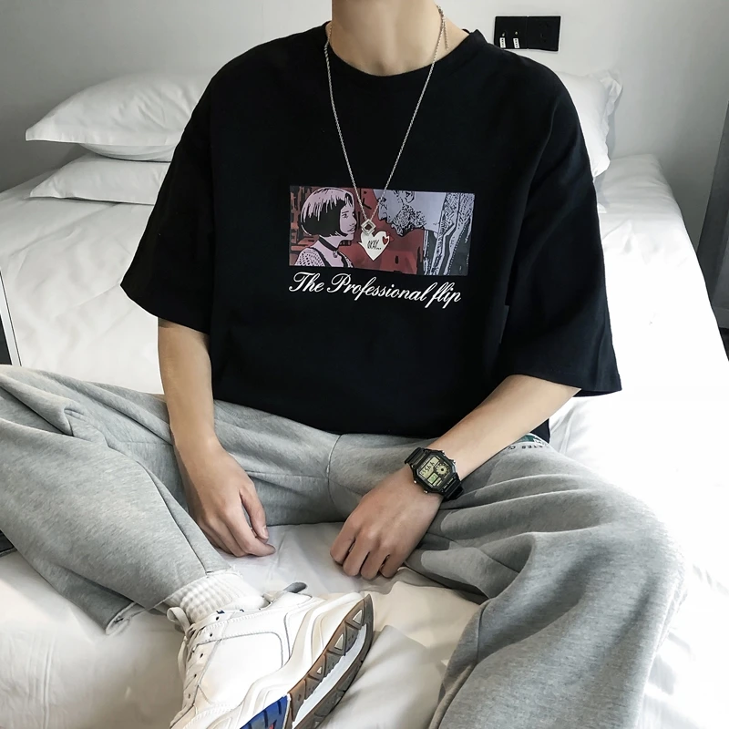 

Повседневные свободные футболки, хлопковые футболки с коротким рукавом и круглым вырезом, модные летние корейские футболки, мужская одежда...