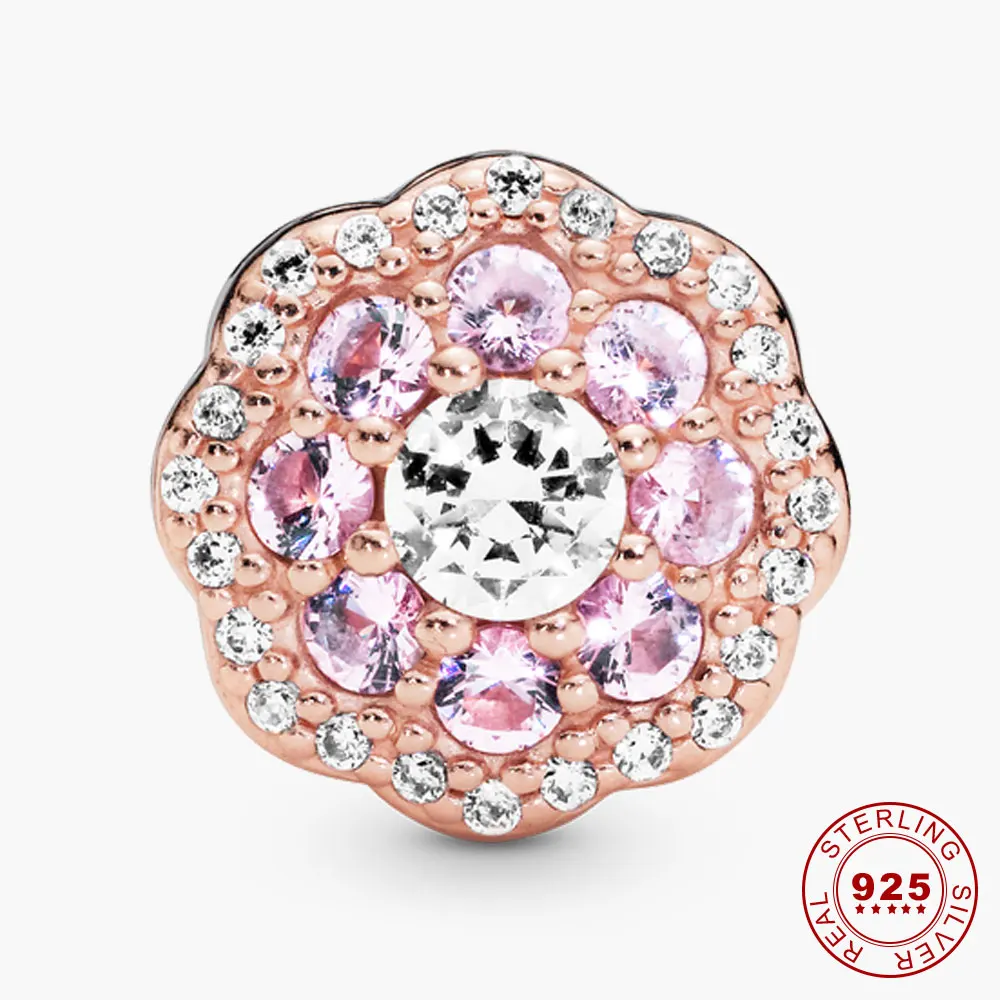

Silver Pink Sparkle Flower Charm fit fo Original Women Silver Snake Chain Bracelet Rose Gold Color Sterling Silver Jewelry