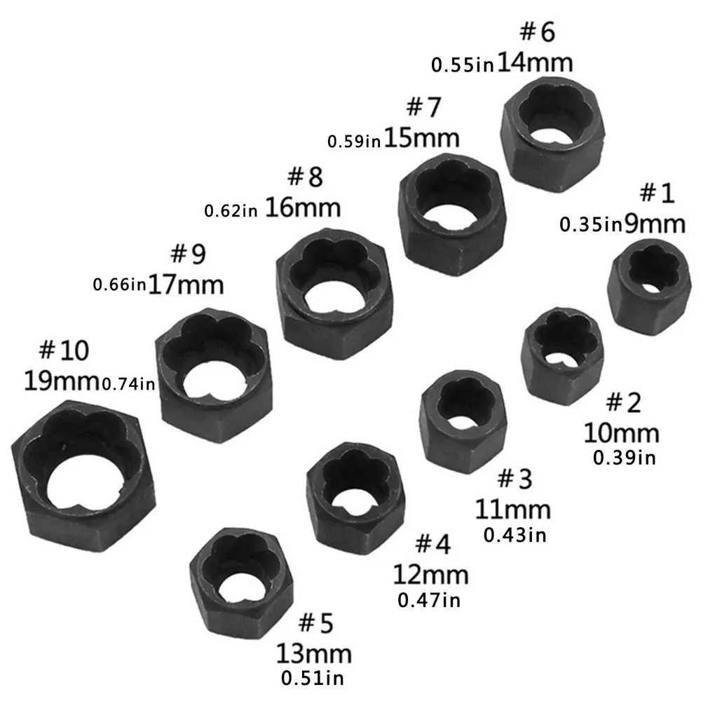 

10Pcs 9-19mm Bolt Nut Remover Home Bolt Nut Extractor Set Portable Damaged Stripped Socket Wrench Tool Kit
