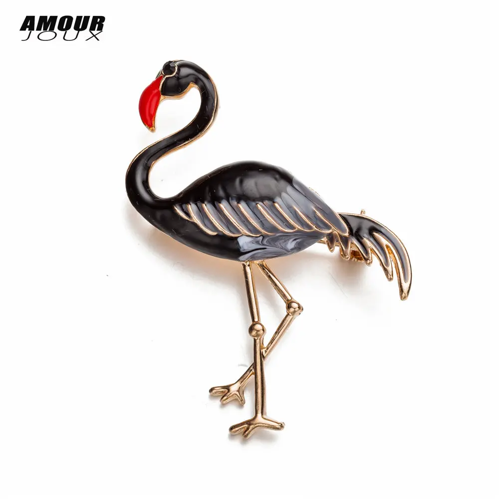 AMOURJOUX черная эмаль Фламинго броши булавка для женщин и мужчин модные брошь