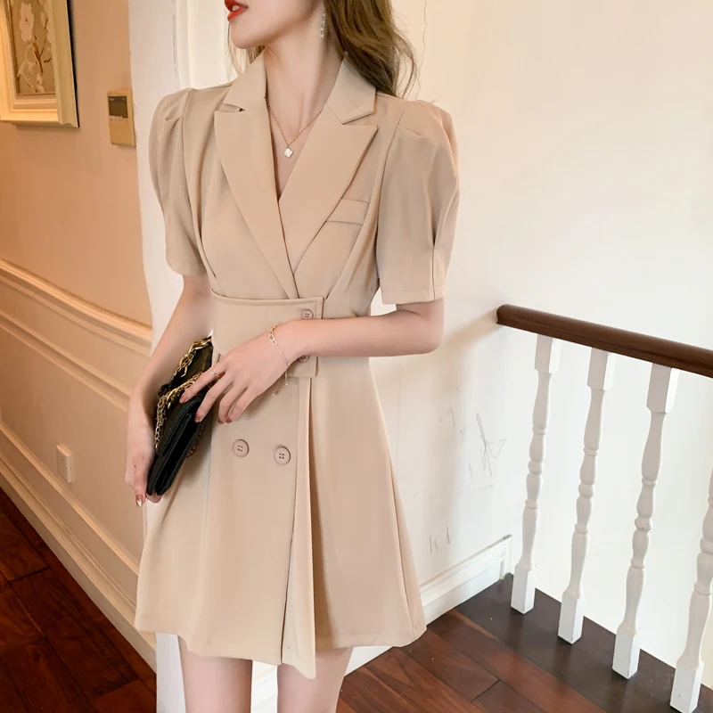 

COIGARSAM Women One Piece Korea Dress Summer New French Style Short Sleeve High Waist Khaki Black Dresses Robe Traf