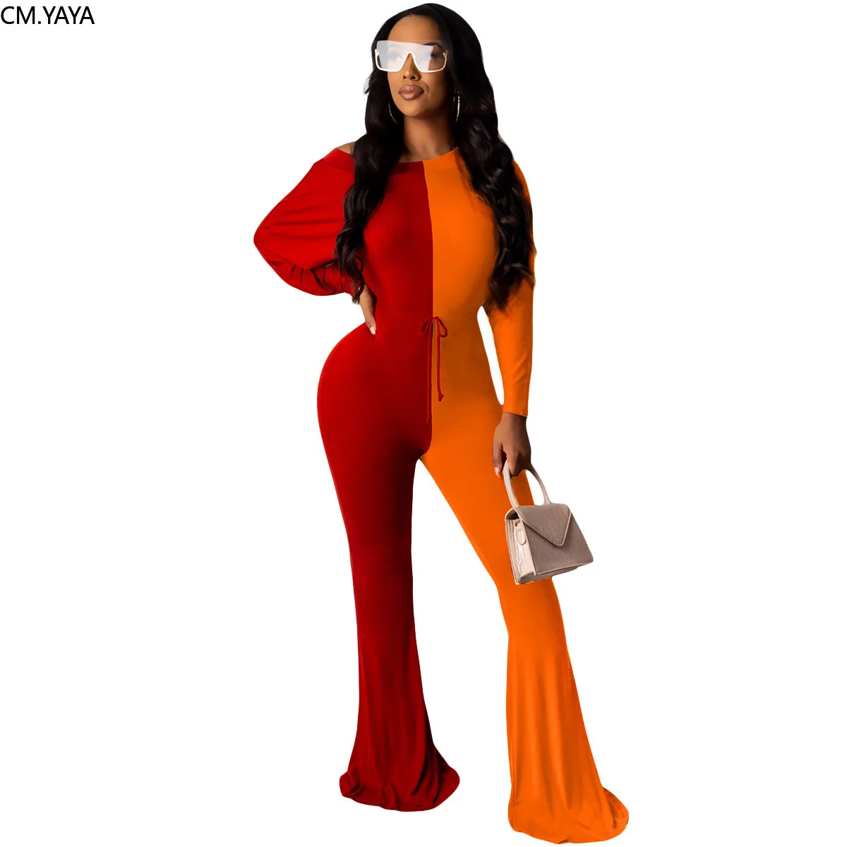 Осенний женский двухцветный лоскутный комбинезон с длинными рукавами и широкими