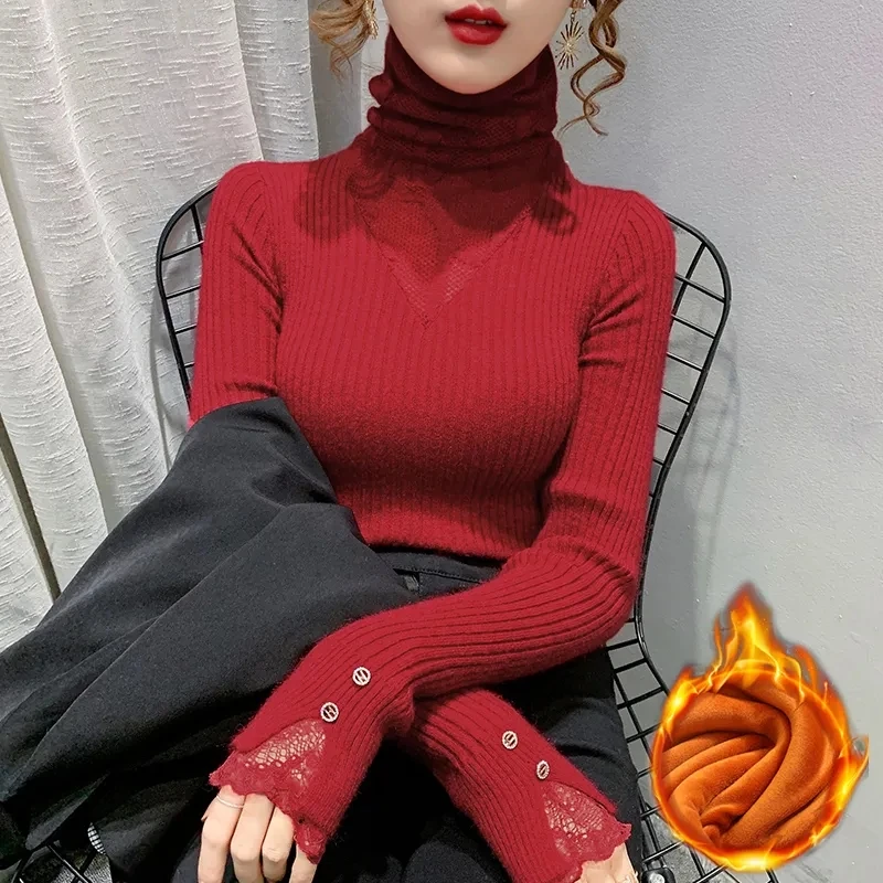 2021 Winter Thick Turtleneck Knitted Sweater Elegant Lace Patchwork Slim Pullovers Women Korean Chic Fleece Lined Warm Knitwear | Женская
