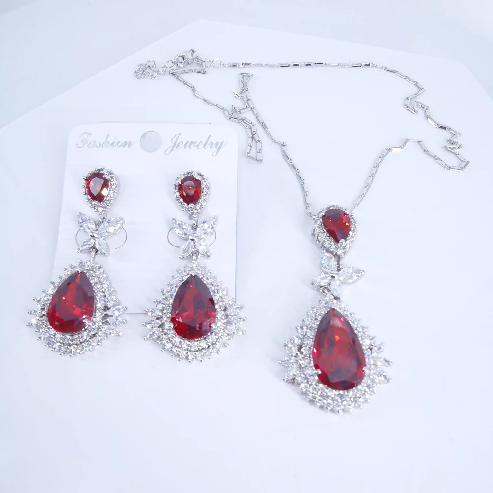 2020 Новая мода Фиолетовый Синий Красный Кристалл CZ Циркон ожерелье серьги