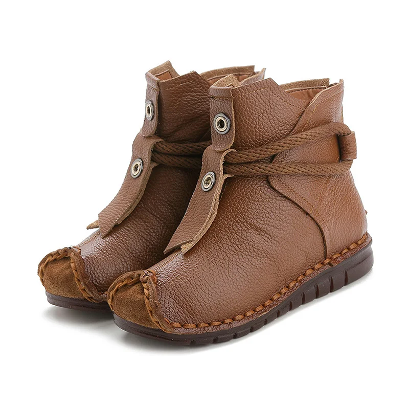 Brown Cotton MCCKLE/женские ботильоны из натуральной кожи; обувь на плоской подошве со складками; женская теплая плюшевая зимняя обувь на молнии; женские модные короткие ботинки в стиле ретро - Цвет: Brown Cotton