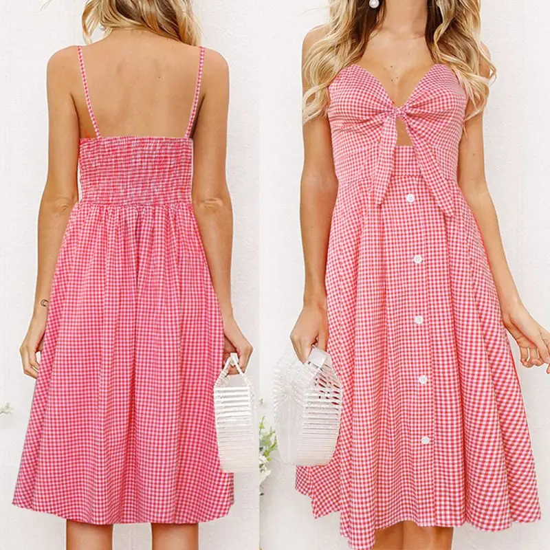 

Women Summer Spaghetti Strap Midi Long Swing Dress Bohe Floral Plaid Hollow Tie Knot Front High Waist Button Down Beach BX0A