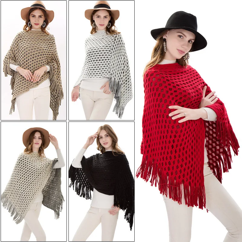 

England Style Geometric Sweater Poncho Women Hollow Fringed Cloak Lady Stylish Tassel Shawls Elegant Fasion Loose Knitted Cape