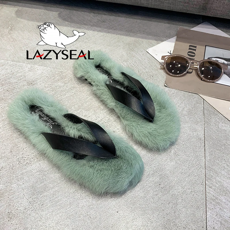 LazySeal обувь с разноцветным мехом; женские Вьетнамки; Новинка; Модные женские домашние тапочки на Плоском Каблуке; сезон осень-зима; женские шлепанцы без задника