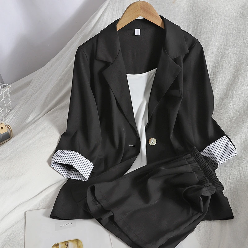

Shorts Suit jacket shirt slim two piece Korean rolled sleeve striped straight shorts suspenders female trend 2021 spring summer