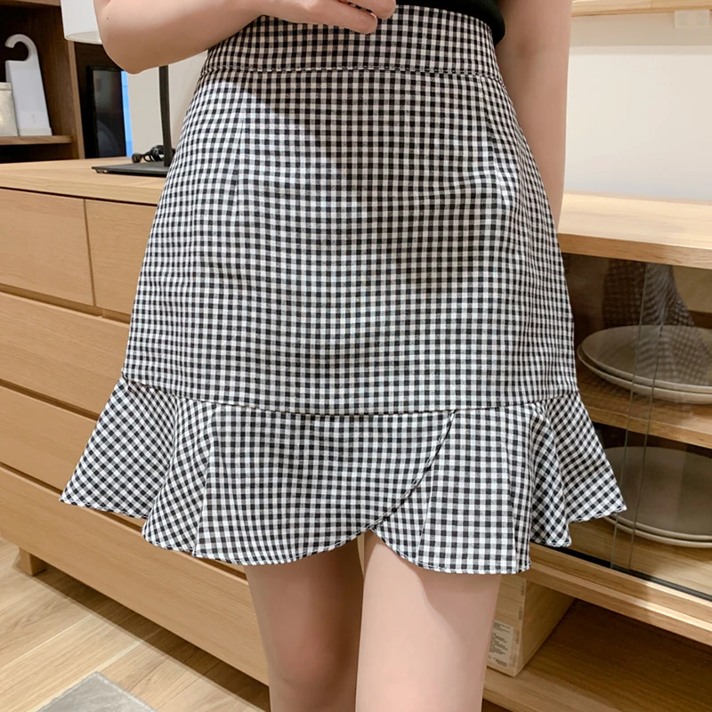 

Shintimes Ruffles A-Line Plaid Skirt Women Empire Mini Skirts Woman 2021 Summer New Korean Fashion Woman Skirt Empire Jupe Femme