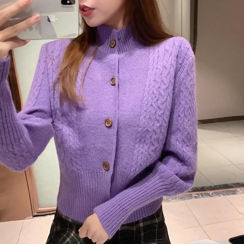 

2021 spring and Autumn Winter Hong Kong Style half high collar short cardigan coat women slim waist show thin sweater