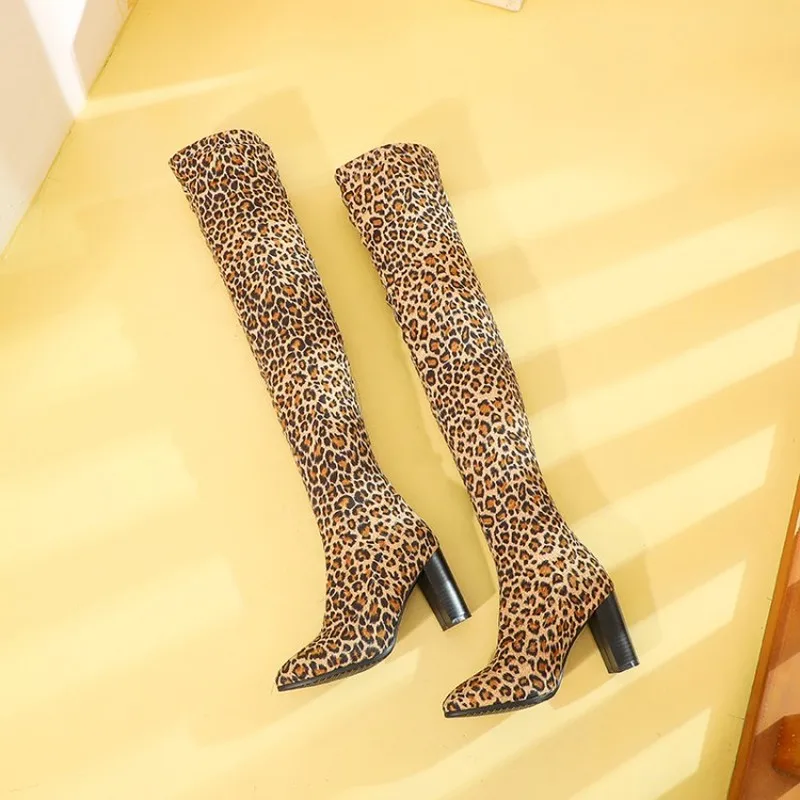 Women Leopard Boots High Heels Shoes Over Knee Boots for Ladies 2023 Winter Fashion Shoes Female Pointed Toe Shoes Boots Casual