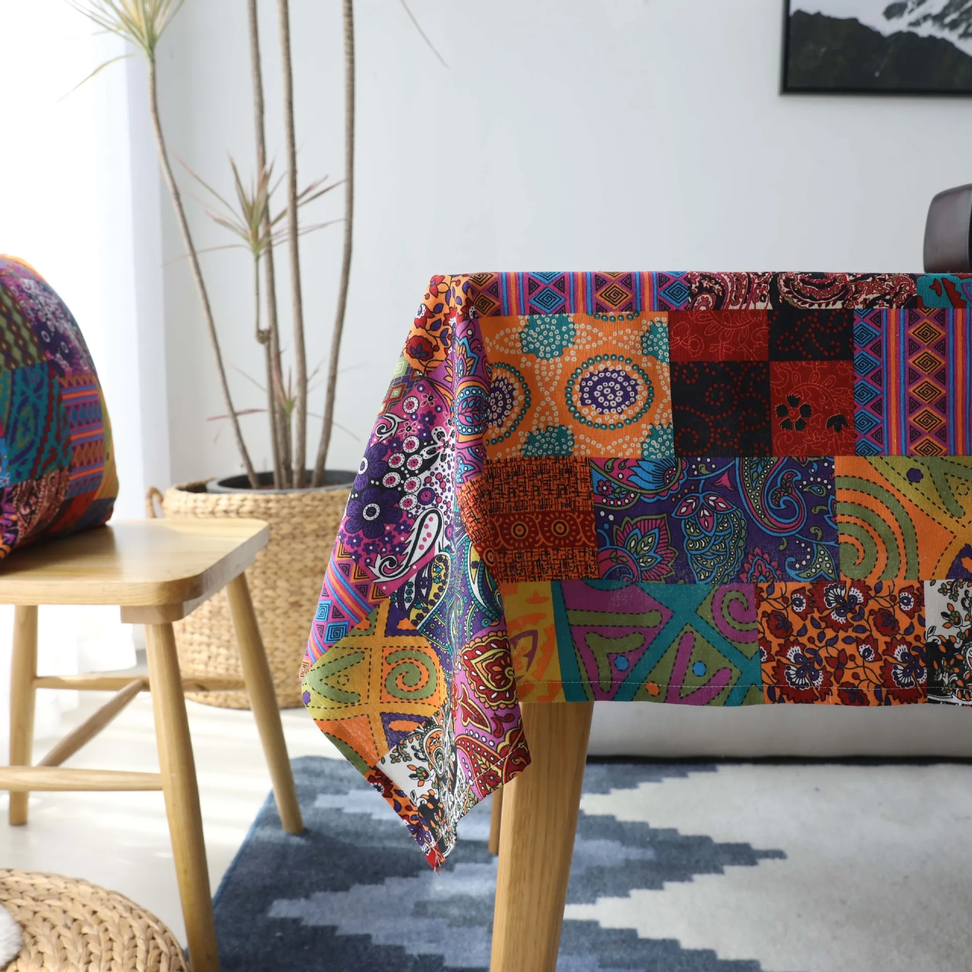 

Cotton and linen American retro folk style ethnic tablecloth coffee table fabric Bohemian style modern round table cloth