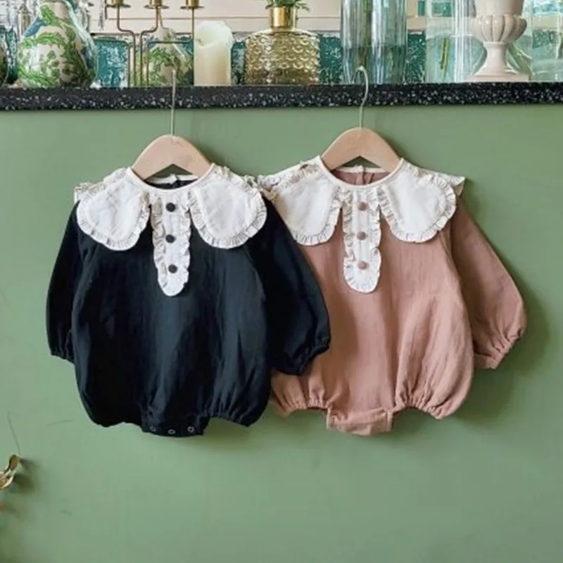Cute Baby Bodysuits Long Sleeve 2022 Spring New Girls Jumpsuit Baby Lace Large Lapel Princess Onesie Baby Clothes