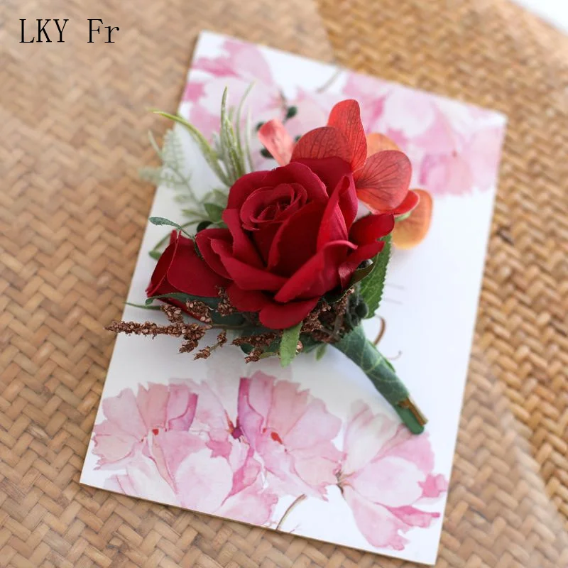 LKY Fr Boutonnieres Flowers Artificial Red Roses Silk Ivory Corsage Buttonhole Groomsmen Boutonniere for Men Wedding Accessories