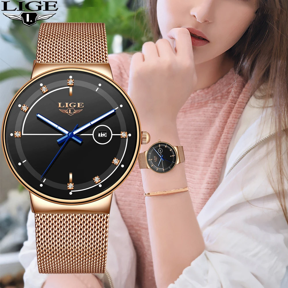 Часы наручные LIGE женские с сетчатым браслетом модные брендовые Роскошные