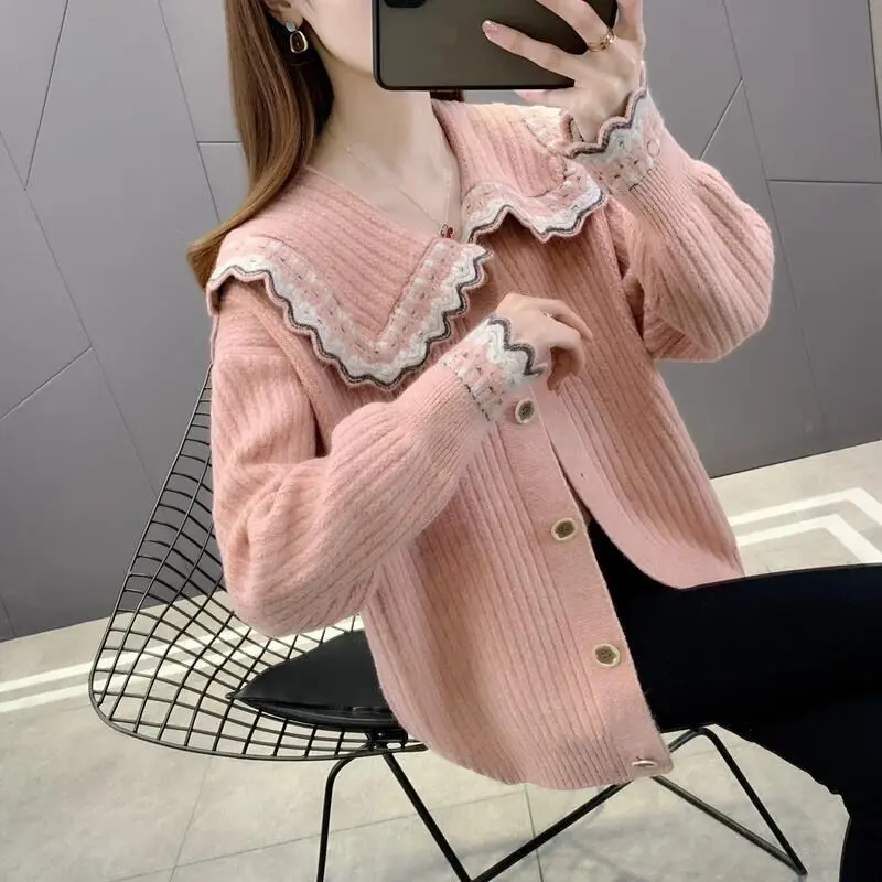 

2021 spring New Jersey loose sweet baby collar sweater cardigan women's jacket with foreign style jacket