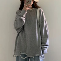 harajuku long sleeve hole tops female grey pullovers new autumn winter thin cotton long women sweatshirt oversized solid hoodies