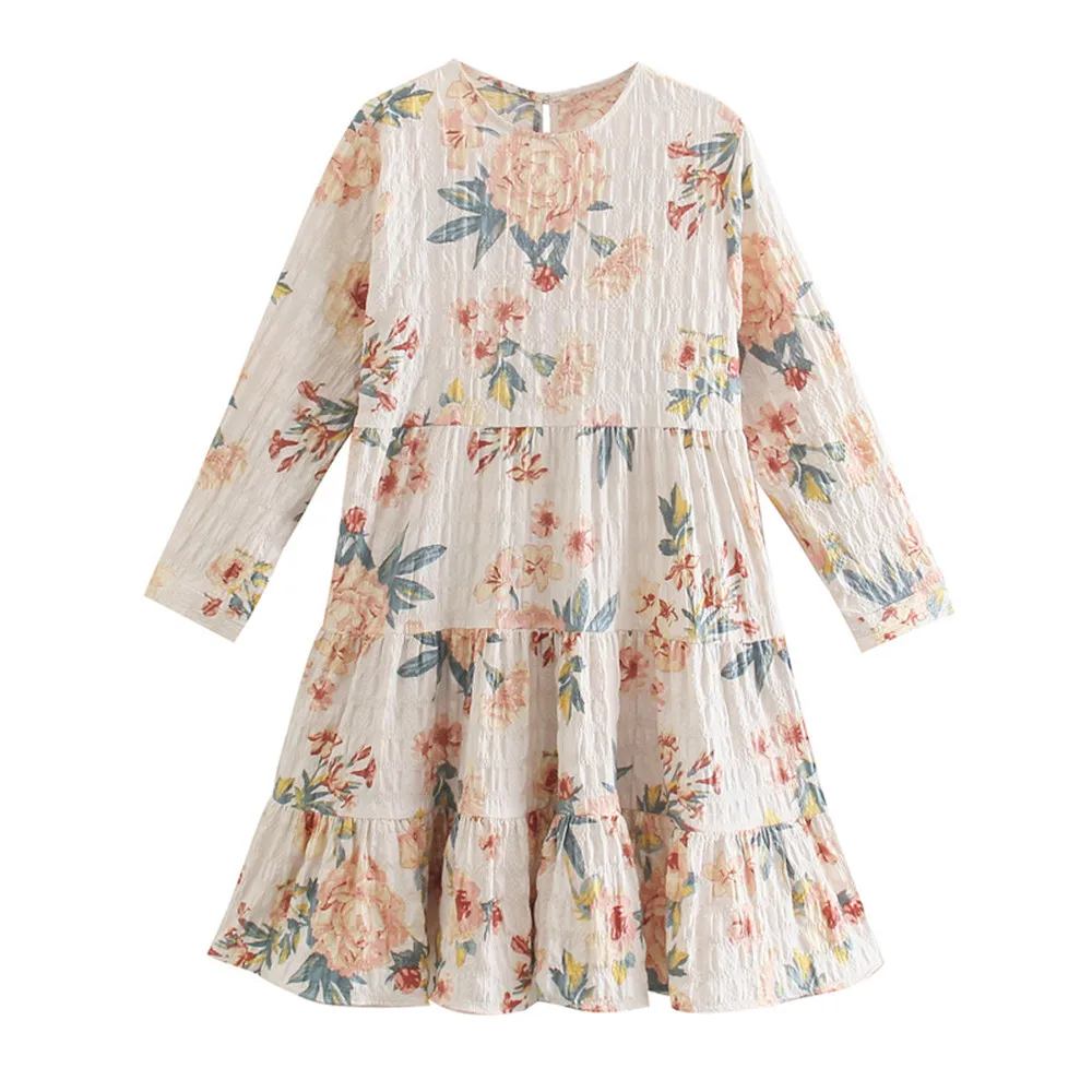 

Женское платье миди с длинным рукавом, Повседневное платье с круглым вырезом и многоярусной юбкой с абстрактным принтом, лето 2021