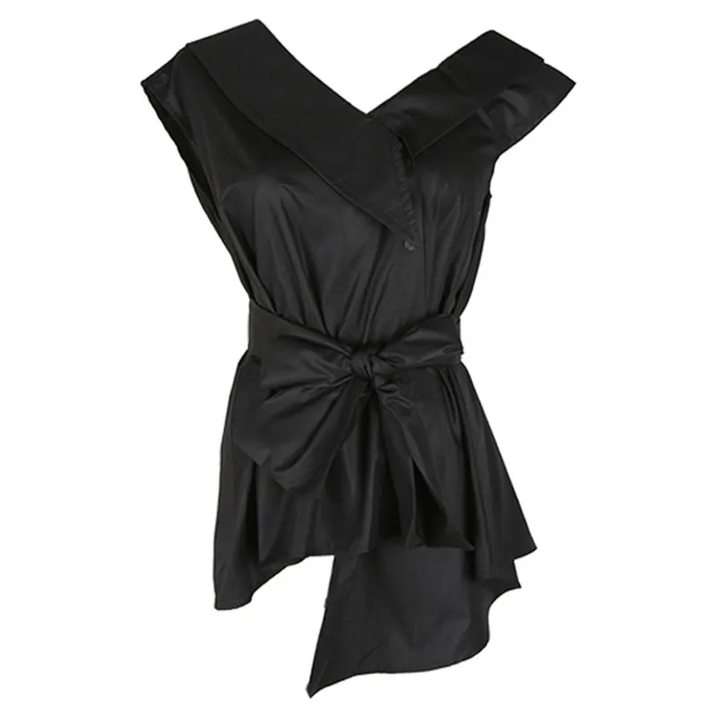 

Small design sleeves bandage big bow irregular shoulder top women shirt