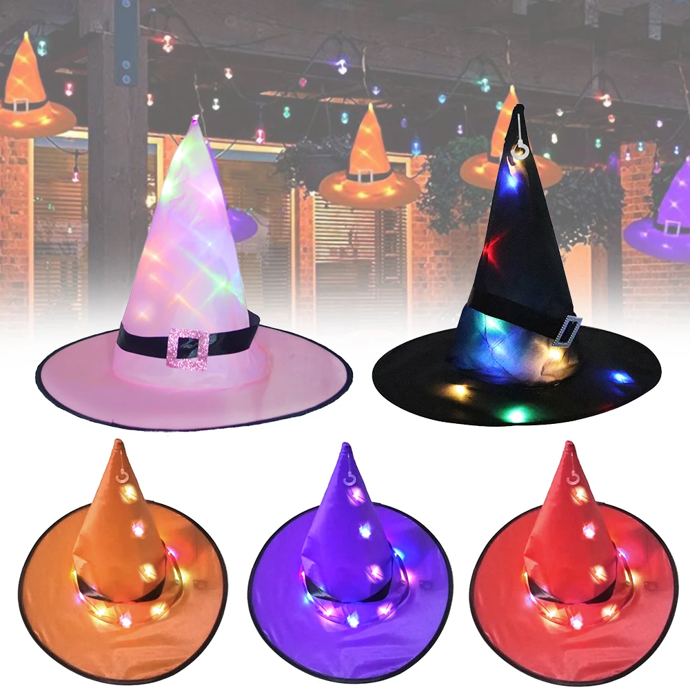 

Halloween Witch Hat with LED Light Glowing Witches Hat Hanging Halloween Decor Suspension Tree Glowing Hat for Kids