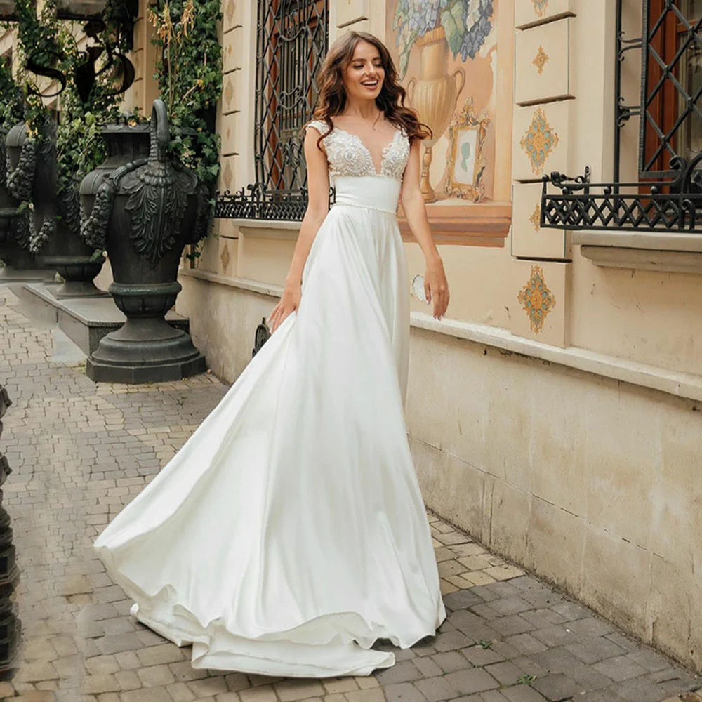 

SoDigne Church Satin Wedding Dresses 2022 Boho Sexy Backless Lace Appliques Bride Dress Plus Size Wedding Gown For Women