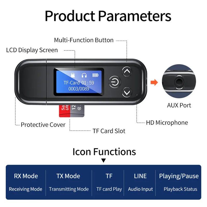 Receptor y transmisor de Audio USB con Bluetooth 5,0, Monitor LCD con batería integrada de 3,5mm, AUX, RCA, adaptador inalámbrico para TV, PC y coche, novedad de 2021-3
