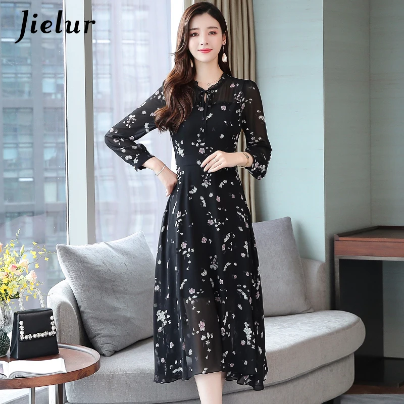 Женское шифоновое платье Jielur черное с оборками и цветочным принтом высокой