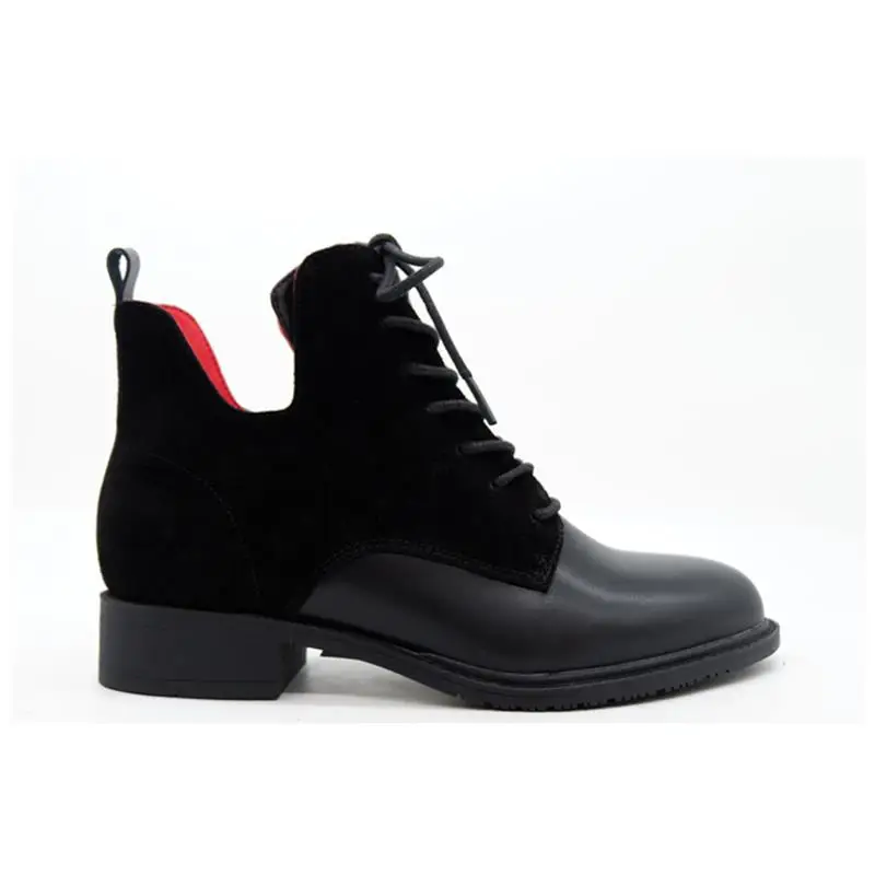 

Fashion women black leather suede red lining temperament round head bandages cylinder Martin boots thick short boots