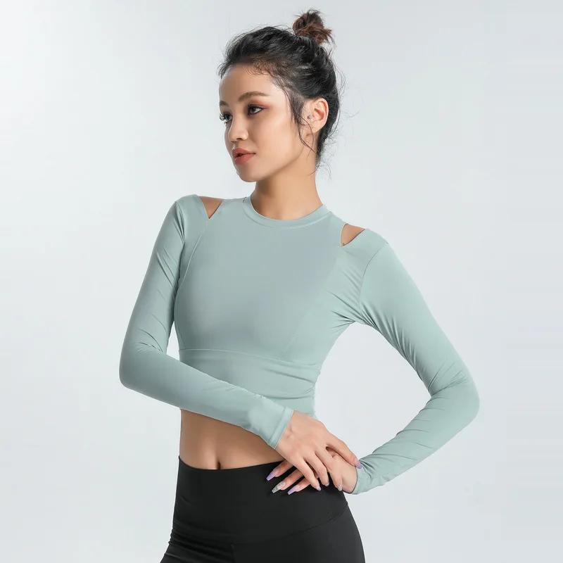 

Autumn Slim Fitness Clothes Women Long-sleeved Tight-fitting Stretch Running T-shirt Training Yoga Crew Neck Top -40