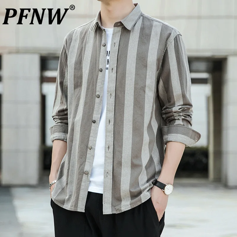 

Рубашка PFNW мужская с широкой полосой, Повседневная блуза с длинным рукавом, приталенная, с лацканами, в японском стиле, 21D8852, весна-осень 2021