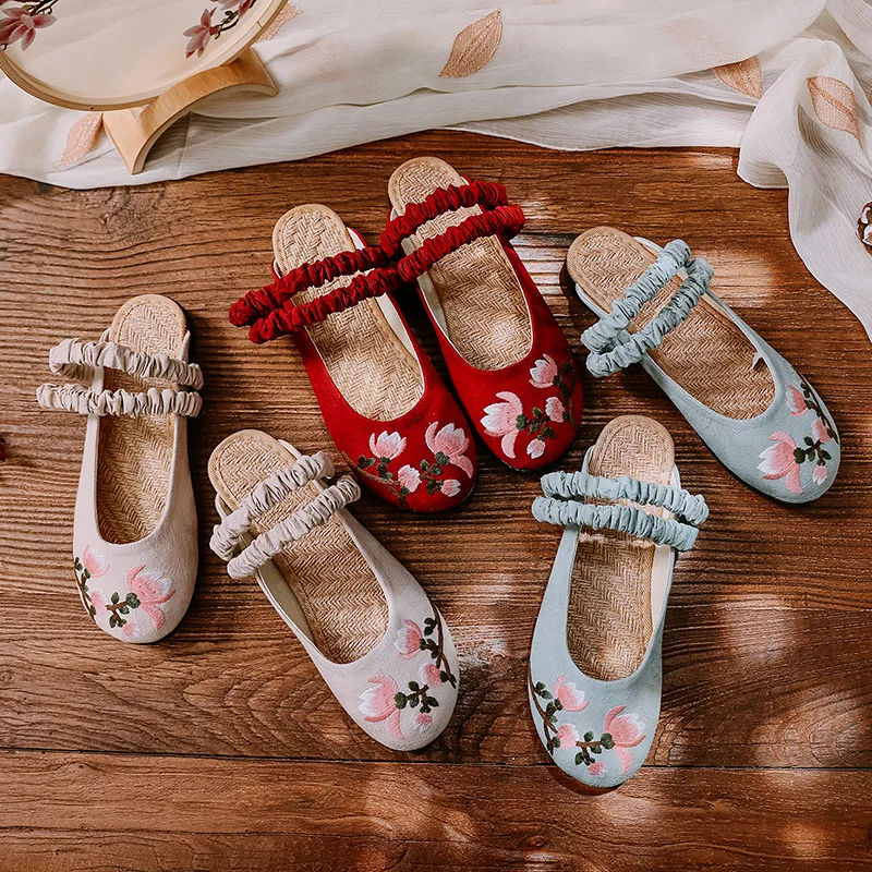 Женские шлепанцы Hanfu с вышивкой сандалии плоской подошвой из хлопка и льна 2019 |