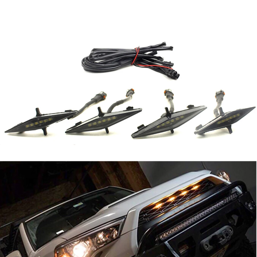 

4pcs Car Front Grille LED Lights Amber Smoked Lens For Toyota 4Runner 2014-2019
