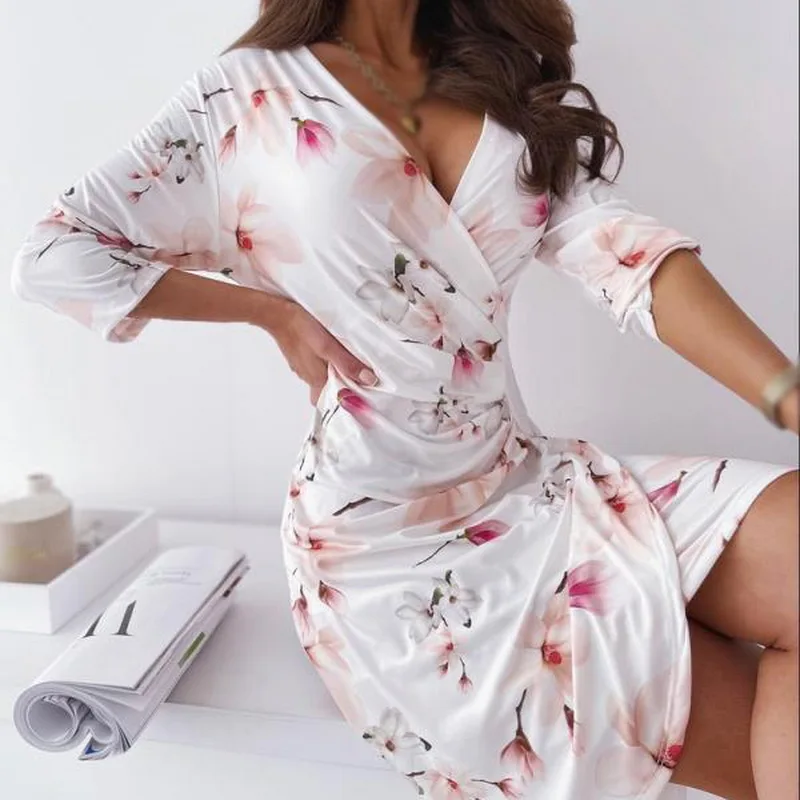 

Female Spring And Summer Deep V Flower Print Dress 2021 Three-Point Sleeve Elegant Bohemian Office Slim Banquet Mini Dress