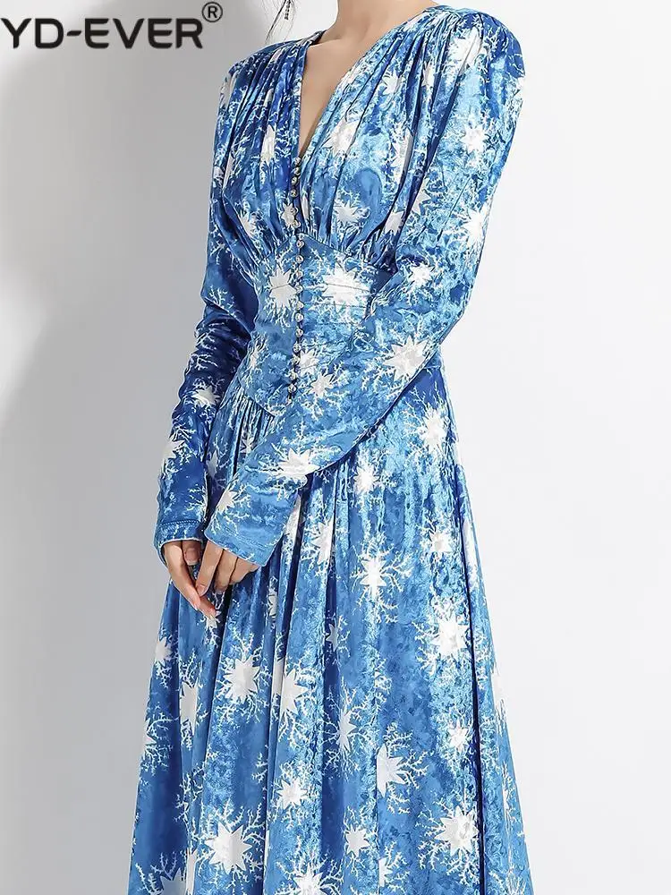 Женское бархатное платье с V-образным вырезом дизайнерское подиумное синее