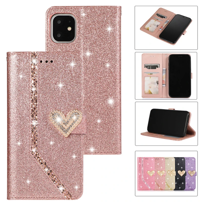 

Sparkle Bling Glitter Leather Flip Case For iPhone 12 Mini 11 Pro XS Max X XR 8 7 6s Plus SE 2020 Wallet Card Slots Stand Cover