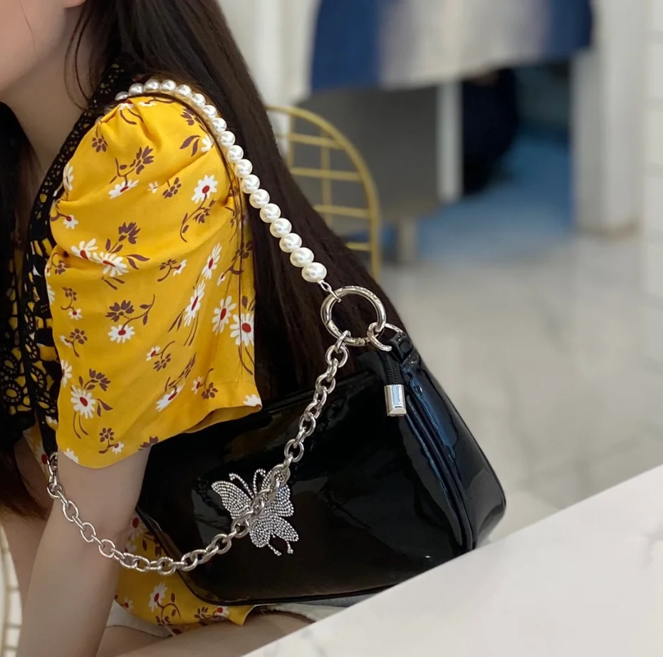 

Fashion women's bag pearl patent small zipper girl messenger shoulder bag chain baguette female vintage cute bag klii35923