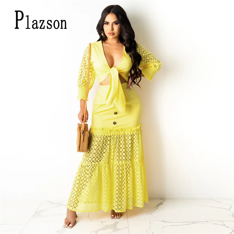 

Sexy Hollow Out Deep V Neck Two Piece Set Club Party Outfits Long Sleeve Laced Up Crop Tops And Long Skirts Bodycon Summer Dress