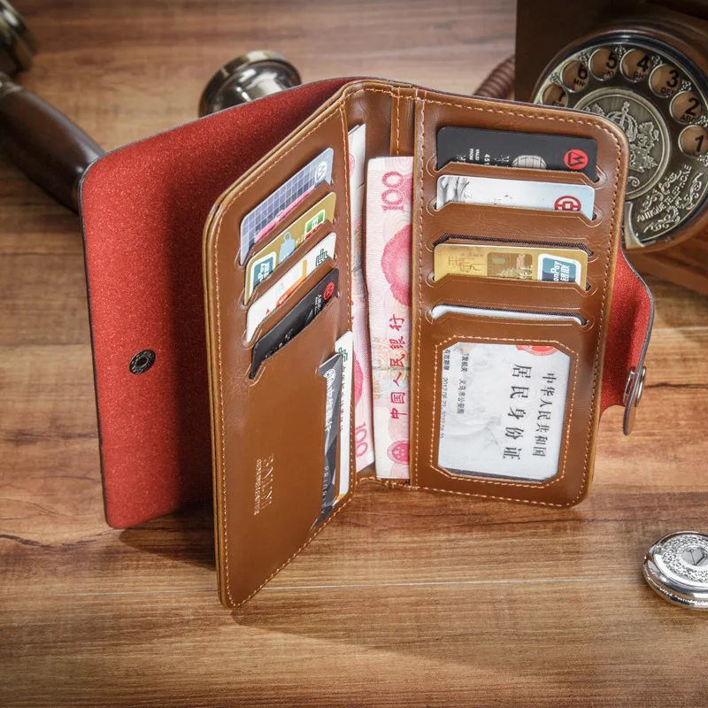 

New Crazy Horse Leather Retro Wallet Men's Three Folding Long Card Holder ID Bag Multifunctional Men's Wallet Christmas Gift
