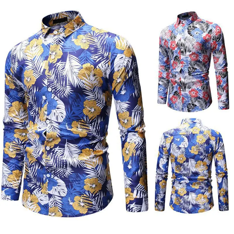 

2020 New Cotton Casual Floral Shirts Wave Regular Mens Clothing Fashion print coat Summer Mens long Sleeve Hawaiian Shirts
