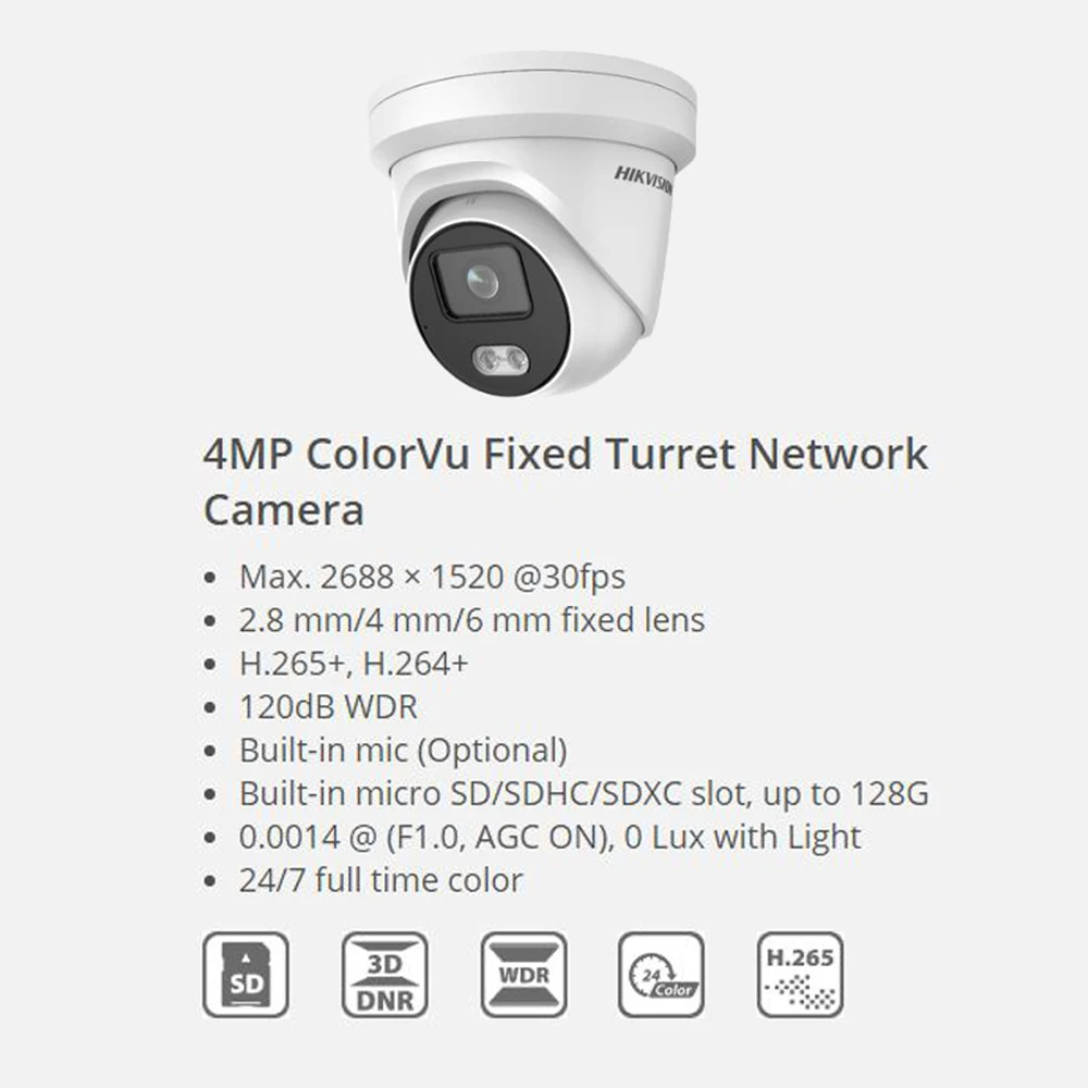 Hikvision DS-2CD2347G1-LU 4MP ColorVu сетевая камера с фиксированной башенкой Встроенный слот для