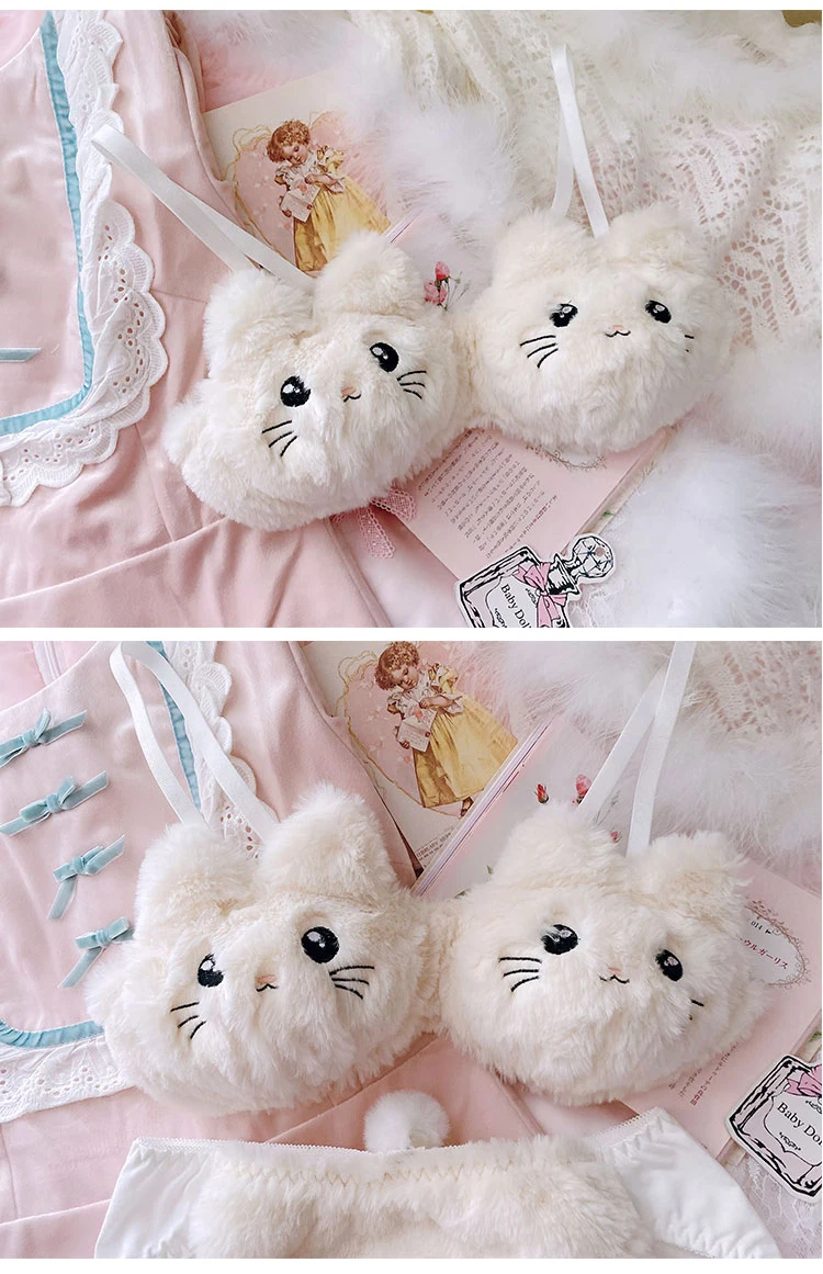 plus size underwear sets Japanese Kawaii Plush Women Bra Set Lovely Soft Student Lingerie Cute Cartoon Embroidery Cat Underwear Sexy No Steel Ring Set cute underwear sets